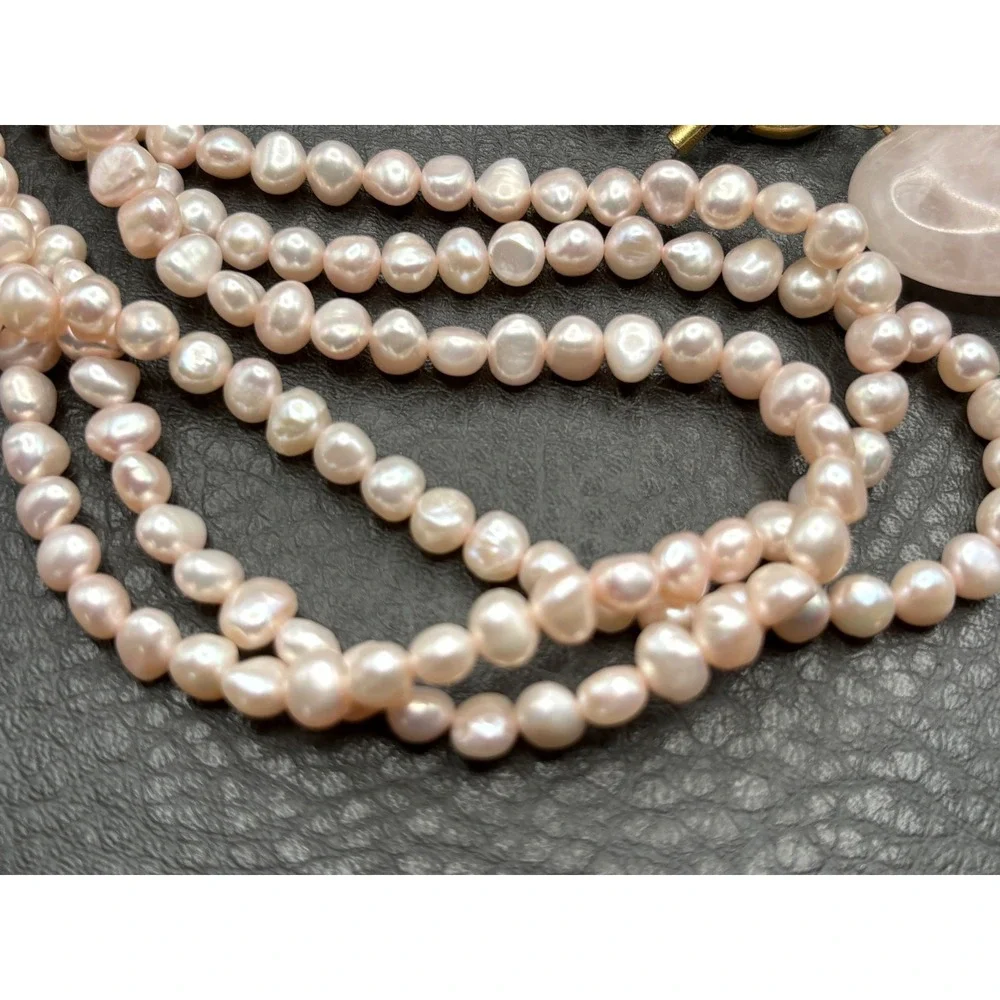 Multi Strand Rose Quartz Heart Pendant Pink Pearl Beaded Necklace Toggle Clasp
